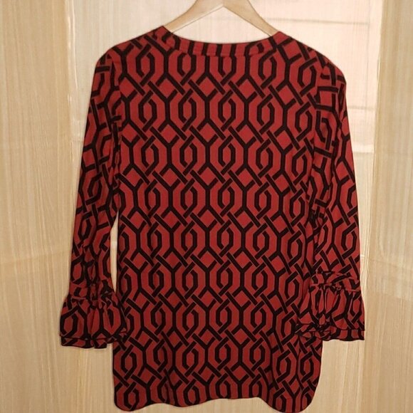 Escapada Womens Red Black Bell Sleeve Tunic Top Medium - Picture 2 of 6